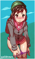  1girl backpack bag beret blush brown_eyes brown_hair creatures_(company) defeat eyebrows female_focus female_pubic_hair gaiidraws game_freak gloria_(pokemon) hat highres matching_hair/eyes nintendo outdoors panties pokemon pokemon_swsh pubic_hair pussy pussy_juice shirt short_hair solo sweater underwear  rating:Explicit score:145 user:redlight1