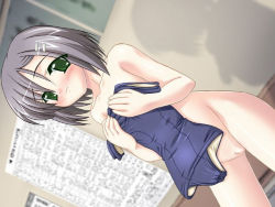 1girl blush clothes_in_front covering_privates dutch_angle game_cg green_eyes kneeling kyogoku_shin loli naisho_no_houkago nude nude_cover one-piece_swimsuit pussy school_swimsuit short_hair silver_hair solo swimsuit unworn_swimsuit tachibana_sakura uncensored rating:Explicit score:34 user:danbooru