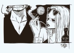  1boy 1girl beard_stubble cigar cigarette clock commentary_request cup eyewear_on_head facial_hair highres hina_(one_piece) holding holding_cigarette long_hair looking_at_another monochrome one_piece sherumaru_(korcht06) shirt signature smoker_(one_piece) stubble sweatdrop 