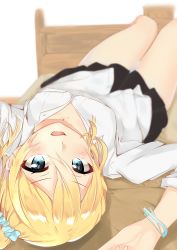 1girl absurdres arms_up bed black_skirt blonde_hair blue_eyes blue_scrunchie blurry blurry_background blush breasts cac_itinose collarbone collared_shirt commentary_request depth_of_field dress_shirt hair_between_eyes hair_ornament hair_scrunchie hayasaka_ai high_ponytail highres jewelry kaguya-sama_wa_kokurasetai_~tensai-tachi_no_renai_zunousen~ lying on_back on_bed open_mouth pendant pleated_skirt scrunchie shirt side_ponytail skirt small_breasts solo white_background white_shirt rating:Sensitive score:26 user:danbooru