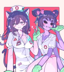  2girls :3 absurdres animal_ears arthropod_girl bandaid bandaid_on_knee bandaid_on_leg bandaid_on_neck black_eyes black_hair bow breasts cat_ears cat_girl cat_tail cleavage closed_mouth collarbone extra_arms extra_ears fang fang_out gloves green_gloves hat highres holding holding_syringe insect_girl kemonomimi_mode large_breasts latex latex_gloves long_hair looking_at_viewer mari_(faraway)_(omori) mari_(omori) mechafrshrimp muffet multiple_girls nurse_cap omori pink_bow pink_hair short_hair short_sleeves something_(omori) spider_girl syringe tail undertale 