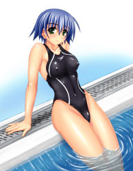  1girl arm_support bb_(sapporo_youkan) blue_hair breasts competition_swimsuit covered_erect_nipples female_focus green_eyes highres light_smile looking_at_viewer one-piece_swimsuit pool poolside ripples short_hair sitting soaking_feet solo speedo_(company) swimsuit to_heart_(series) to_heart_2 tonami_yuma  rating:Questionable score:24 user:danbooru