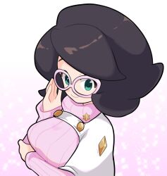  1girl adjusting_eyewear arm_under_breasts big_hair breasts capelet commentary_request creatures_(company) game_freak glasses green_eyes large_breasts long_sleeves nintendo pink-framed_eyewear pink_sweater pokemon pokemon_sm poyo_party purple_hair solo sweater turtleneck turtleneck_sweater upper_body white_capelet wicke_(pokemon) 