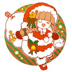  &gt;_o 1girl anchor_symbol bag bell blunt_bangs blush_stickers bow bowtie braid candy candy_cane capelet chibi christmas dress food funamusea funamusea_(artist) fur-trimmed_capelet fur-trimmed_dress fur-trimmed_footwear fur_trim gift_bag gloves green_background hair_bow hair_ornament hat holding holding_bag one_eye_closed oounabara_to_wadanohara open_mouth outline promotional_art red_background red_dress red_footwear red_gloves santa_dress santa_hat sidelocks socks solo star_(symbol) star_hair_ornament striped_background striped_bow striped_clothes striped_socks vertical-striped_clothes vertical-striped_socks wadanohara white_bag white_bow white_bowtie white_outline 