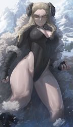  1girl blonde_hair cleavage_cutout clothing_cutout fur_trim highres horns muscular tagme  rating:Questionable score:5 user:Gryphoth