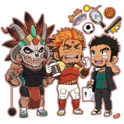  3boys :d alternate_universe american_football_uniform animal_skull another_eidos-r arm_tattoo armband ball bara baseball_(object) baseball_bat basketball bead_bracelet beads blush bracelet brown_hair chibi closed_eyes eyebrow_cut facial_hair facial_mark fake_horns feathers forehead_mark gakuran gamela_(another_eidos) goatee hammer_(track_and_field) heart heart-shaped_eyes highres holding holding_ball holding_paper horned_headwear horns jewelry light_brown_hair long_sideburns looking_at_another looking_up male_focus mask maxtla_(another_eidos) multicolored_hair multiple_boys muscular muscular_male no_nose open_mouth outline paper pelvic_curtain pendant racket raised_fists red_hair red_outline red_socks scar scar_on_face scar_on_nose school_uniform shirt short_hair shorts sideburns signature simple_background skull_mask sleeveless sleeveless_shirt smile soccer_ball socks sportswear standing tattoo taut_clothes taut_shirt tennis_ball tennis_racket tribal_tattoo undercut white_background white_socks wristband yanai_inaya yuno_(another_eidos) 