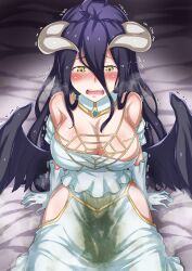  1girl albedo_(overlord) breasts cleavage crying crying_with_eyes_open dress female_focus female_pubic_hair highres large_breasts overlord_(maruyama) peeing peeing_self pubic_hair see-through tears wings 