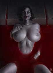  1girl alcina_dimitrescu artist_name bath bath_of_blood black_hair blood breasts breasts_apart colored_skin commentary completely_nude earrings english_commentary grey_skin grin highres jewelry justsomenoob large_breasts looking_at_viewer lying mature_female nail_polish navel nipples nude on_back partially_submerged red_lips red_nails resident_evil resident_evil_village smile solo teeth veins veiny_breasts yellow_eyes  rating:Questionable score:187 user:danbooru