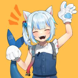  1girl animal_costume animal_ears animal_hands arm_up blue_hair cat_ears closed_eyes cube_hair_ornament eungi fins fish_tail gawr_gura gawr_gura_(1st_costume) gawr_gura_(casual) gloves grey_hair hair_ornament highres hololive hololive_english holomyth hood hoodie medium_hair multicolored_hair official_alternate_costume one_side_up open_mouth overalls paw_gloves shark_girl shark_tail sharp_teeth shirt solo streaked_hair tail teeth virtual_youtuber white_shirt yellow_background 
