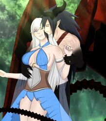  1boy 1girl :t alternate_universe black_hair blue_eyes bluewolfbean breasts cleavage couple demon_boy elf hetero highres horns jewelry large_breasts multiple_horns naruto_(series) naruto_shippuuden one_eye_closed original pointy_ears ring sideways_glance sunlight tail uchiha_madara white_hair wings  rating:Questionable score:5 user:Tomstar