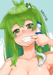 1girl antenna_hair blush breasts cleavage collarbone colored_eyelashes commentary_request crossed_bangs dated frog_hair_ornament green_eyes green_hair grin hair_between_eyes hair_ornament highres kei_jiei kochiya_sanae long_hair looking_at_viewer medium_breasts mouth_pull nude single_hair_tube smile snake_hair_ornament solo sweat touhou upper_body rating:Sensitive score:11 user:danbooru