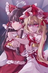  2girls ascot blonde_hair blush bow brown_hair closed_mouth commentary_request crystal detached_sleeves flandre_scarlet flower frilled_bow frilled_hair_tubes frills hair_bow hair_tubes hakurei_reimu hat hat_bow hat_flower highres hug hug_from_behind long_hair mito_(fate) mob_cap multiple_girls puffy_short_sleeves puffy_sleeves red_bow red_eyes red_nails red_skirt red_vest ribbon-trimmed_sleeves ribbon_trim short_sleeves side_ponytail signature skirt skirt_set sleeve_bow sweatdrop touhou vest wings wrist_cuffs yellow_ascot yuri 