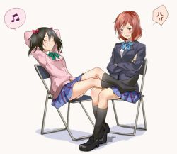  10s 2girls anger_vein angry annoyed arms_up beamed_quavers black_hair black_legwear blazer blush bow bowtie cardigan chair commentary_request couple feet feet_up folding_chair full_body hair_bow hair_ornament jacket legs_on_another&#039;s_lap legs_up loafers long_sleeves love_live! love_live!_school_idol_project multiple_girls musical_note nishikino_maki no_shoes open_mouth purple_eyes red_hair school_uniform sen&#039;yuu_yuuji shoes short_hair sitting skirt smile socks speech_bubble spoken_anger_vein spoken_musical_note twintails yazawa_nico yuri  rating:Sensitive score:32 user:danbooru