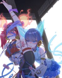  2girls animal_ears arms_behind_back bdsm bike_shorts blue_eyes blue_hair blue_shirt blush bondage bound bound_arms bound_legs breasts cloth_gag detached_sleeves duel_monster egg_vibrator fake_animal_ears fake_tail fire gag gagged ha-re_the_sword_mikanko highres improvised_gag looking_at_another menou_74 multiple_girls nail_polish ni-ni_the_mirror_mikanko pussy_juice red_eyes red_hair remote_control_vibrator ribbon ribbon_bondage see-through sex_toy shibari shibari_over_clothes shirt small_breasts split standing standing_on_one_leg standing_split tail vibrator water yu-gi-oh! 