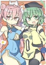  2girls bare_shoulders black_hat blue_dress blush breasts china_dress chinese_clothes closed_mouth clothing_cutout covered_navel cowboy_shot detached_sleeves dot_nose double_bun dress elbow_gloves eyeball fox_mask gloves green_eyes green_hair hair_bun hand_on_own_chest hat hata_no_kokoro heart heart_of_string komeiji_koishi long_hair looking_at_viewer mask mask_on_head matsu_kitsune multiple_girls navel navel_cutout open_mouth outstretched_arms pelvic_curtain pink_eyes pink_hair short_hair side_slit single_detached_sleeve single_thighhigh sleeves_past_wrists smile thighhighs third_eye touhou twintails underboob underboob_cutout yellow_dress 