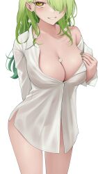  1girl absurdres arm_behind_back breasts ceres_fauna flower green_hair green_nails grin hair_flower hair_ornament head_out_of_frame highres hololive hololive_english large_breasts long_hair shirt simple_background smile solo somebody_(leiking00) virtual_youtuber wavy_hair white_background white_shirt yellow_eyes 