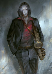  1boy absurdres androgynous black_hair closed_mouth cowboy_bebop formal grencia_mars_elijah_guo_eckener highres instrument long_hair looking_to_the_side male_focus red_shirt sapphire_art saxophone shirt solo suit t-shirt 