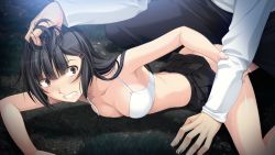 1boy 1girl arm_grab ass black_hair black_skirt bra breast_press breasts brown_eyes cleavage clenched_teeth clothed_sex clothes_lift doggystyle esaka_rie festival_tsurumiku_wars game_cg grabbing_another&#039;s_hair hair_ornament hairclip hetero long_hair looking_back lying medium_breasts night on_stomach outdoors pleated_skirt prone_bone rape sakurajima_saromako scared sex sex_from_behind short_hair skirt skirt_lift sweat teeth underwear vaginal white_bra rating:Explicit score:133 user:danbooru