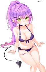  1girl absurdres bikini breasts chestnut_mouth demon_girl demon_tail ear_piercing front-tie_bikini_top front-tie_top green_eyes hair_ornament hairpin highres hololive knees_together_feet_apart leg_tattoo long_hair looking_at_viewer medium_breasts navel o-ring o-ring_bikini piercing ponytail purple_bikini purple_hair side-tie_bikini_bottom simple_background sitting solo swimsuit tail tattoo tokoyami_towa vini_(frisco) virtual_youtuber white_background 