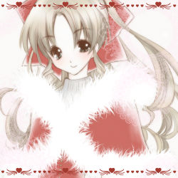  1girl aerith_gainsborough bow brown_hair capelet christmas final_fantasy final_fantasy_vii fur_trim grey_sweater hair_bow looking_at_viewer parted_bangs ponytail poyon red_bow red_capelet sidelocks smile solo square_enix sweater turtleneck turtleneck_sweater upper_body white_background 