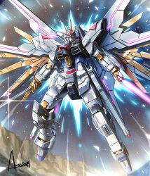  amasaki_yusuke beam_saber commentary dual_wielding energy_sword exhaust gundam gundam_seed gundam_seed_freedom highres holding holding_sword holding_weapon katana light_particles looking_at_viewer mecha mighty_strike_freedom_gundam mobile_suit no_humans robot science_fiction signature solo sword v-fin weapon yellow_eyes 