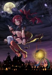  1girl blush broom brown_hair flying loli night outdoors sky tagme witch  rating:Questionable score:2 user:fairless_polly