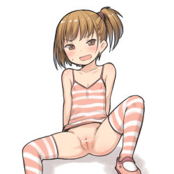 1girl aaaa arm_support bare_shoulders blush brown_eyes brown_hair censored covered_erect_nipples flat_chest loli looking_at_viewer matching_hair/eyes no_bra no_panties open_mouth pink_shoes pointless_censoring pussy shadow shoes side_ponytail simple_background sitting socks solo striped_clothes striped_socks striped_tank_top sweatdrop tank_top white_background