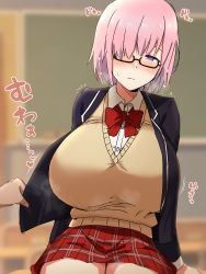 1girl absurdres alternate_breast_size blouse blush breasts collared_shirt fate/grand_order fate_(series) glasses hair_over_one_eye highres huge_breasts jacket light_purple_hair long_sleeves looking_at_viewer mash_kyrielight mash_kyrielight_(spring&#039;s_new_master) open_clothes open_jacket purple_eyes shirt short_hair sitting skirt solo_focus thighs tomato_rice translation_request white_shirt rating:Sensitive score:85 user:danbooru