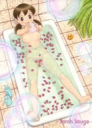  1girl barefoot bath bath_toy bathtub breasts brown_eyes brown_hair bubble censored convenient_censoring doraemon feet fern from_above happy indoors loli minamoto_shizuka navel nipples nude open_mouth petal_censor petals petals_on_liquid plant rubber_duck sarah_sauge shampoo short_hair small_areolae small_breasts small_nipples smile soles solo spread_legs toes toy traditional_media twintails water wet 