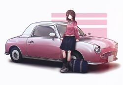  1girl absurdres asics bag black_skirt black_socks breasts brown_eyes brown_hair collared_shirt commentary english_commentary expressionless grey_footwear highres leaning_against_vehicle looking_at_viewer medium_breasts medium_hair mizzterbii nissan nissan_figaro original pink_sweater pleated_skirt shadow shirt shoes skirt sneakers socks solo sweater vehicle_focus white_shirt 