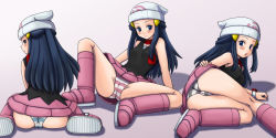  00s 1girl ass blue_eyes blue_hair blush boots breasts cameltoe cleft_of_venus covered_erect_nipples creatures_(company) dawn_(pokemon) dress from_behind game_freak hat legs long_hair looking_back lying miniskirt multiple_views nintendo open_mouth panties pantyshot pink_footwear pokemon pokemon_dppt scarf short_dress sitting skirt small_breasts smile striped_clothes striped_panties thighs tsumitani_daisuke underwear upskirt  rating:Questionable score:203 user:BlueBaroness