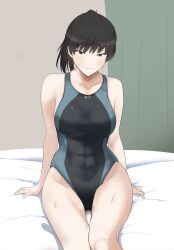  1girl absurdres amagami black_hair black_one-piece_swimsuit blue_one-piece_swimsuit breasts brown_eyes closed_mouth collarbone competition_swimsuit covered_navel female_focus gyuunyuu_pack_(tanaka) highres looking_at_viewer one-piece_swimsuit ponytail solo swimsuit tsukahara_hibiki two-tone_swimsuit 