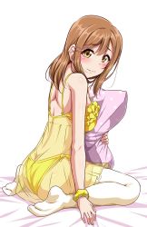  10s 1girl ass bed_sheet blush breasts brown_eyes brown_hair butt_crack embarrassed frills hair_ornament hairpin highres kunikida_hanamaru lingerie long_hair looking_at_viewer looking_back love_live! love_live!_sunshine!! nightgown no_shoes hugging_object panties pillow pillow_hug scrunchie see-through side-tie_panties sitting solo thighhighs underwear wariza wrist_scrunchie yellow_panties yopparai_oni  rating:Questionable score:47 user:Cristian
