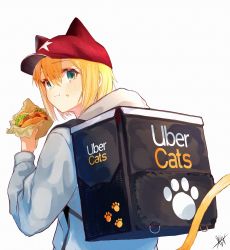 1girl animal_ears aqua_eyes baseball_cap blonde_hair burger cat_ears cat_girl cat_tail commentary eating english_commentary food food_delivery_box food_on_face from_behind grey_hoodie hair_between_eyes hat highres hood hoodie looking_back original short_hair signature simple_background solo tail traditional_media tsubameno uber_eats upper_body white_background rating:Sensitive score:7 user:danbooru
