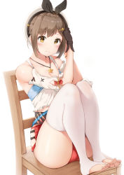 1girl ass atelier_(series) atelier_ryza atelier_ryza_1 bare_shoulders beret black_gloves black_ribbon blush breasts bridal_legwear brown_eyes brown_hair chair cleavage closed_mouth collarbone commentary_request feet full_body gloves hair_ornament hairclip hands_up hat jewelry lemon_tea_(15058751917) looking_at_viewer medium_breasts necklace on_chair puffy_short_sleeves puffy_sleeves red_shorts reisalin_stout ribbon shirt short_shorts short_sleeves shorts sidelocks simple_background sitting solo star_(symbol) star_necklace thighhighs vial white_background white_hat white_shirt white_thighhighs rating:Sensitive score:26 user:danbooru