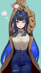  1girl arms_up black_hair blue_eyes blue_hair blue_pants blunt_bangs breasts brown_coat coat colored_inner_hair denim gluteal_fold hair_intakes high-waist_pants highres hololive hololive_english jeans kobutanori large_breasts long_hair long_sleeves multicolored_hair official_alternate_costume official_alternate_hair_length official_alternate_hairstyle ouro_kronii ouro_kronii_(casual) pants shirt solo stretching sweater sweater_tucked_in trench_coat turtleneck virtual_youtuber white_shirt white_sweater 