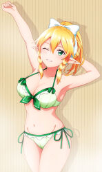 1girl armpits arms_up bikini blonde_hair bow bow_bikini bow_hairband breasts cleavage collarbone commentary_request cowboy_shot green_bikini green_eyes grin groin hair_between_eyes hairband highres ken-ji leafa looking_at_viewer medium_breasts navel one_eye_closed pointy_ears signature smile solo standing steam stomach striped_background sweat swimsuit sword_art_online twitter_username white_bow white_hairband yellow_background