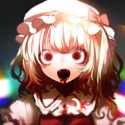 1girl bad_id bad_twitter_id blonde_hair blood blood_from_mouth blood_on_clothes bow cinkai creepy empty_eyes fangs flandre_scarlet gradient_background hat hat_bow looking_at_viewer mob_cap open_mouth portrait puffy_sleeves red_eyes shirt short_hair short_sleeves side_ponytail solo touhou vampire vest rating:Sensitive score:19 user:danbooru