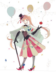  1girl apple balloon black_bow black_bowtie black_corset black_eyes black_gloves blue_bow bow bowtie braid cane cape circus collar comiket_84 confetti corset crown_braid elbow_gloves food fruit gloves hand_up hat hat_ribbon high_heels highres holding holding_cane light_brown_hair long_hair makeup mini_hat mini_top_hat original pantyhose pom_pom_(clothes) red_bow red_footwear red_ribbon red_skirt ribbon side_ponytail skirt smile solo standing streamers striped_clothes striped_pantyhose top_hat two-tone_skirt vient white_background white_collar yellow_skirt 