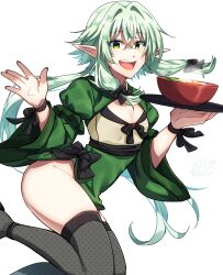  1girl :d alternate_costume black_bow bow brown_thighhighs commentary_request cup dress flat_chest food goblin_slayer! green_dress green_eyes green_hair hair_between_eyes hair_bow high_elf_archer_(goblin_slayer!) highres holding holding_tray kankitukou long_hair long_sleeves open_mouth partial_commentary pointy_ears simple_background skindentation smile solo teeth thighhighs tray upper_teeth_only wide_sleeves 