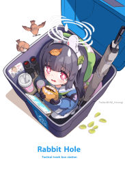  1girl arrow_(symbol) bin_(user_mtsh7744) black_hair blue_archive blue_serafuku bolt_action burger cheese cup disposable_cup drink drinking_straw eating food green_neckerchief gun halo highres hm_(hmongt) holding holding_food leaf looking_at_viewer miyu_(blue_archive) neckerchief pantyhose recycle recycling_symbol red_eyes school_uniform serafuku simple_background solo tablet_pc trapped trash_can twig weapon white_background white_pantyhose 