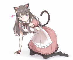  1girl ;) animal_ears apron bell black_pantyhose blush brown_hair cat_ears cat_tail clenched_hands closed_mouth commentary dress ear_bell fake_animal_ears fake_tail frilled_apron frilled_cuffs frilled_dress frills fujishima_megumi hand_on_floor heart highres kneeling link!_like!_love_live! long_hair looking_at_viewer love_live! m&#039;s_one_day_(love_live!) maid maid_apron maid_headdress medium_dress no_shoes official_alternate_costume one_eye_closed pantyhose paw_pose pink_dress pink_wrist_cuffs puffy_short_sleeves puffy_sleeves purple_eyes shadow short_sleeves simple_background smile solo split_mouth tail tomoe_(tomoe_200) virtual_youtuber white_apron white_background white_headdress wrist_cuffs 