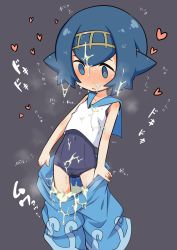  1girl baggy_pants bare_arms bare_shoulders blue_eyes blue_hair blush clothes_pull covered_navel creatures_(company) cum cum_in_clothes cum_on_clothes cum_on_hair facial flat_chest game_freak hairband heart heart-shaped_pupils highres lana_(pokemon) loli looking_down luke_(b10a3123m) nintendo open_mouth pants pants_pull pokemon pokemon_sm shirt simple_background solo standing swimsuit swimsuit_under_clothes symbol-shaped_pupils white_shirt  rating:Explicit score:124 user:Domestic_Importer