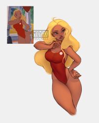  1girl ahoge art_study artist_name blonde_hair blue_eyes breasts brown_lips curvy dark-skinned_female dark_skin derivative_work finger_to_own_chin groin hand_on_own_hip highleg highleg_swimsuit highres large_breasts lifeguard lifeguard_(lilo_&amp;_stitch) lilo_&amp;_stitch long_hair madyaxx one-piece_swimsuit red_one-piece_swimsuit screenshot_redraw simple_background standing swimsuit thick_thighs thighs thinking twitter_username white_background wide_hips 