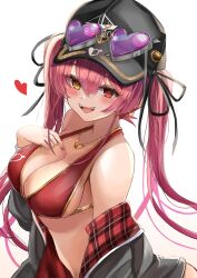  1girl baseball_cap bikini black_hat black_jacket black_ribbon earrings eyewear_on_head gold_earrings gold_necklace hair_ribbon hand_on_own_chest hat heart heart-shaped_eyewear heart_earrings heart_necklace heterochromia highres hololive houshou_marine houshou_marine_(summer) jacket jewelry looking_at_viewer mikazuki_cocolo necklace official_alternate_costume open_mouth red_bikini red_eyes red_hair red_jacket ribbon smile solo sunglasses swimsuit teeth twintails two-sided_fabric two-sided_jacket upper_teeth_only virtual_youtuber white_background yellow_eyes 