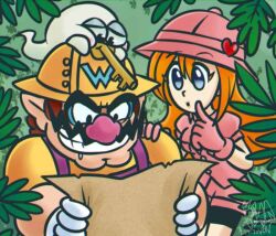  1boy 1girl big_nose bike_shorts blue_eyes brown_hair burntbeebs cleft_chin drooling facial_hair foliage ghost gloves grin hair_between_eyes hand_on_another&#039;s_shoulder heart helmet holding holding_map keyzer long_hair map mona_(warioware) mustache nintendo orange_hair overalls pink_gloves pink_shorts pith_helmet pointy_ears purple_overalls shirt shorts signature smile thick_eyebrows wario wario_land warioware white_gloves yellow_shirt 