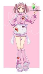  1girl absurdres alternate_costume apron drink full_body hair_bobbles hair_ornament hand_on_own_hip highres jacket johssnny kantai_collection loose_socks maid_headdress pink_eyes pink_footwear pink_hair pink_jacket pink_socks rabbit sazanami_(kancolle) shoes short_hair sneakers socks solo twintails waitress white_apron 