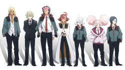 3boys 4girls absurdres adapted_costume afro_puffs ahoge aqua_eyes arms_behind_back asticassia_school_uniform belt black_belt black_footwear black_hair black_hairband black_jacket black_necktie black_pants blonde_hair blue_eyes blue_hair breast_pocket brown_hair chuatury_panlunch coat collared_shirt colored_inner_hair cowlick crossed_arms double_bun elan_ceres formal frown full_body ghost_in_the_shell ghost_in_the_shell_lineup ghost_in_the_shell_stand_alone_complex green_eyes green_jacket grey_eyes grey_hair guel_jeturk gundam gundam_suisei_no_majo hair_behind_ear hair_between_eyes hair_bun hairband hand_in_pocket hands_in_pockets highres hood hoodie jacket jacket_on_shoulders jewelry long_hair long_sleeves looking_at_viewer looking_down looking_to_the_side miorine_rembran multicolored_hair multiple_boys multiple_girls necklace necktie nika_nanaura pants partially_unbuttoned pink_eyes pink_hair pink_hoodie pocket red_hair red_necktie school_uniform shaddiq_zennelli shadow shiraiwa_usagi shirt shoes short_hair simple_background smile standing straight-on streaked_hair suit suit_jacket suletta_mercury thick_eyebrows tie_clip trench_coat two-tone_hair untucked_shirt v-shaped_eyebrows white_background white_shirt wide_sleeves yellow_necktie