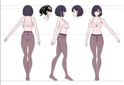 1girl ass black_hair bra breasts character_sheet concept_art female_focus flat_color full_body large_breasts lingerie miyamoto_issa mole mole_under_eye multiple_views panties pantyhose short_hair skirt standing underwear white_background rating:Questionable score:34 user:cheezeit