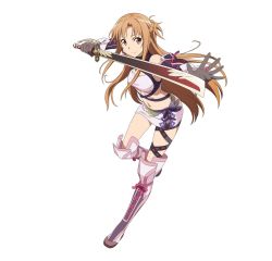  10s 1girl asuna_(sao) black_gloves boots brown_eyes brown_hair cosplay crossover full_body gloves half_updo highres holding holding_sword holding_weapon long_hair long_legs looking_at_viewer milla_maxwell milla_maxwell_(cosplay) navel official_art pink_skirt simple_background skirt smile solo sword sword_art_online sword_art_online:_code_register tales_of_(series) tales_of_xillia thigh_boots thighhighs weapon white_background 